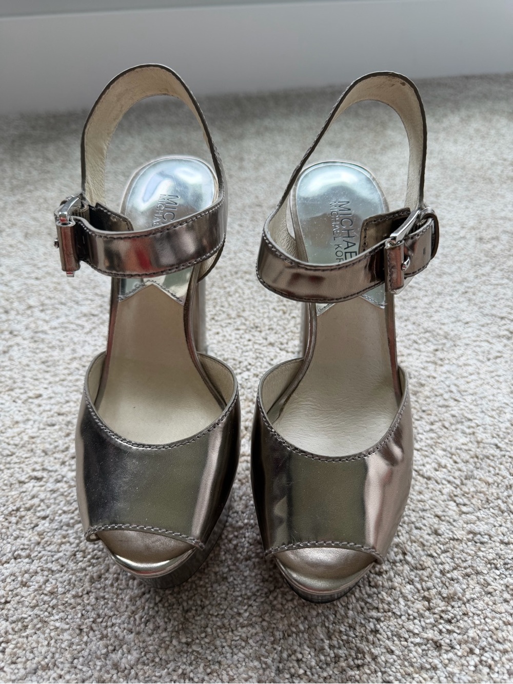 Michael Kors Silver Metallic LondonPeep-Toe Platform Sandals